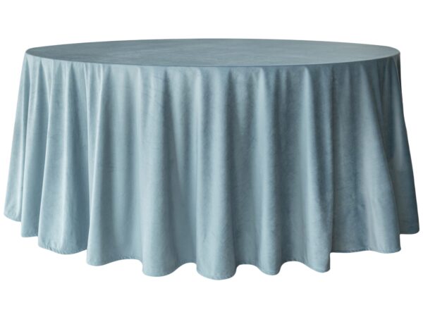 Obrus welurowy, okrągły w kolorze dusty blue o średnicy 330 cm