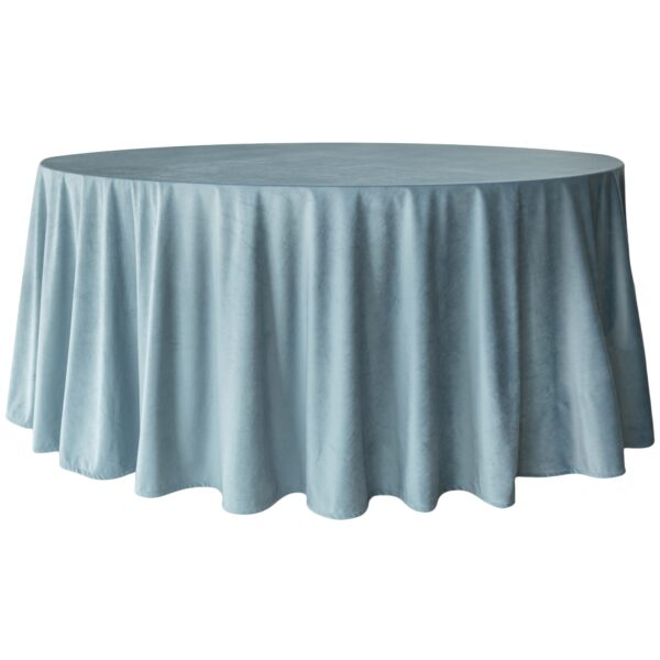 Obrus welurowy, okrągły w kolorze dusty blue o średnicy 330 cm