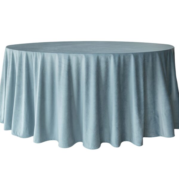 Obrus welurowy, okrągły w kolorze dusty blue o średnicy 330 cm