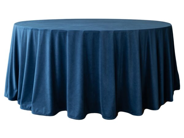 Obrus welurowy, okrągły w kolorze granatowym o średnicy 330 cm