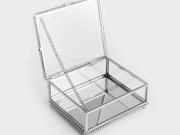 Szkatułka na obrączki srebrna metalowo szklana