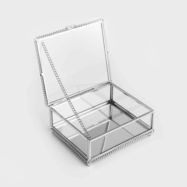 Szkatułka na obrączki srebrna metalowo szklana