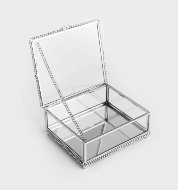 Szkatułka na obrączki srebrna metalowo szklana